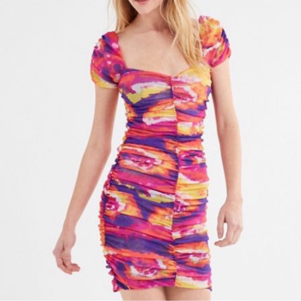 Urban Outfitters Tie-Dye Ruched Body Con Pink and Yellow Dress Large